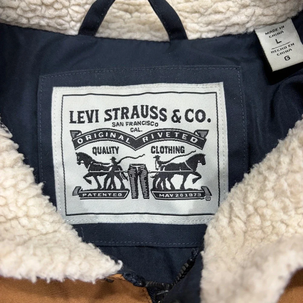 Levi Strauss Mens Navy Brown Sherpa Collar Quilted Puffer Jacket Large ws